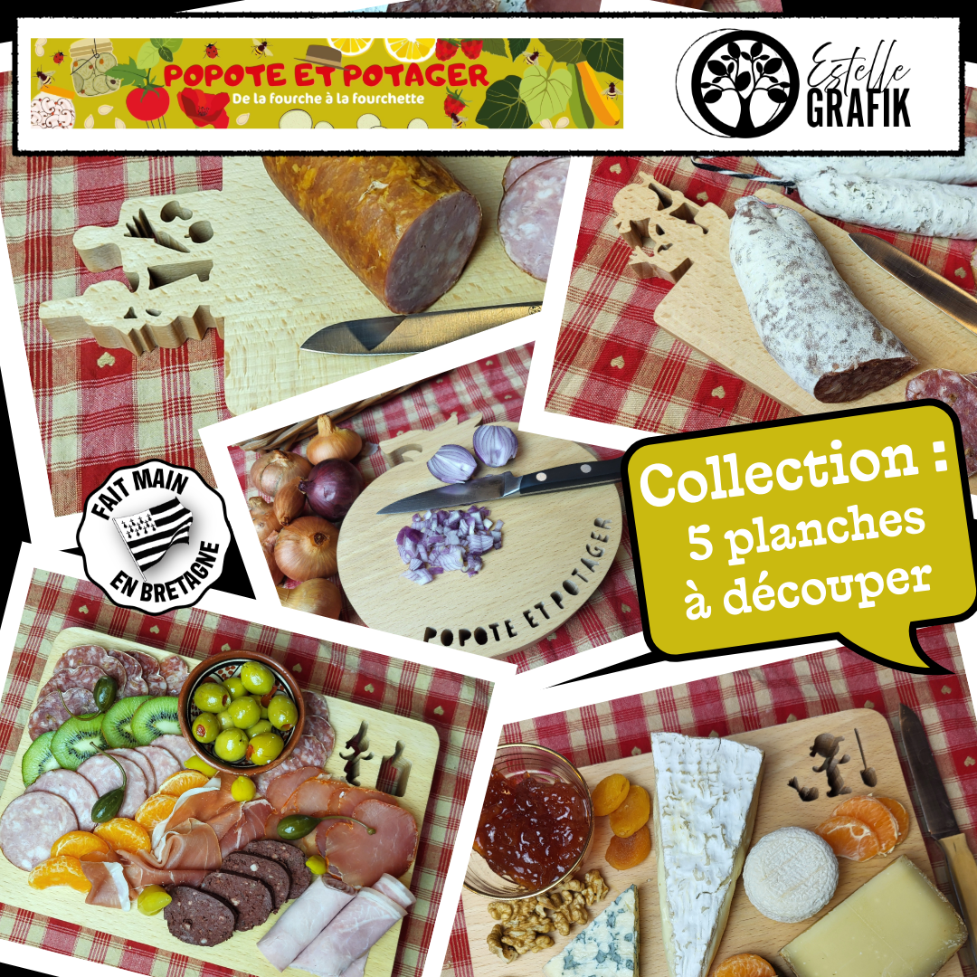 Je suis très heureuse de vous présenter une collection de planches élaborées en partenariat avec POPOTE ET POTAGER que j’apprécie beaucoup.

Ensemble, nous avons imaginé des planchse à découper en bois de Hêtre massif, pensée pour les amoureux du jardin et de la cuisine.

Chaque pièce est fabriquée dans mon atelier en Bretagne, avec ma scie à chantourner.

Ces planches sont vendues exclusivement sur leur boutique en ligne. Allez les découvrir sur leur site: