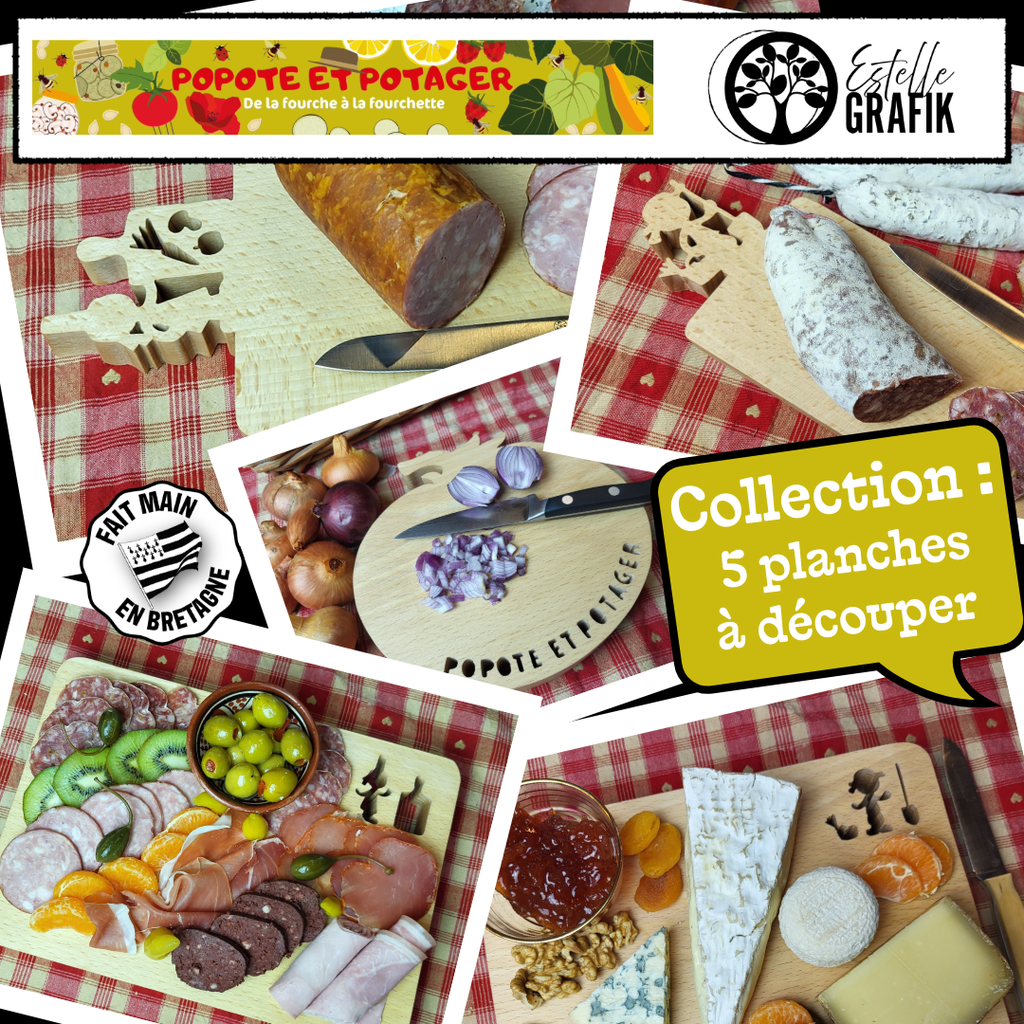 Je suis très heureuse de vous présenter une collection de planches élaborées en partenariat avec POPOTE ET POTAGER que j’apprécie beaucoup.

Ensemble, nous avons imaginé des planchse à découper en bois de Hêtre massif, pensée pour les amoureux du jardin et de la cuisine.

Chaque pièce est fabriquée dans mon atelier en Bretagne, avec ma scie à chantourner.

Ces planches sont vendues exclusivement sur leur boutique en ligne. Allez les découvrir sur leur site: