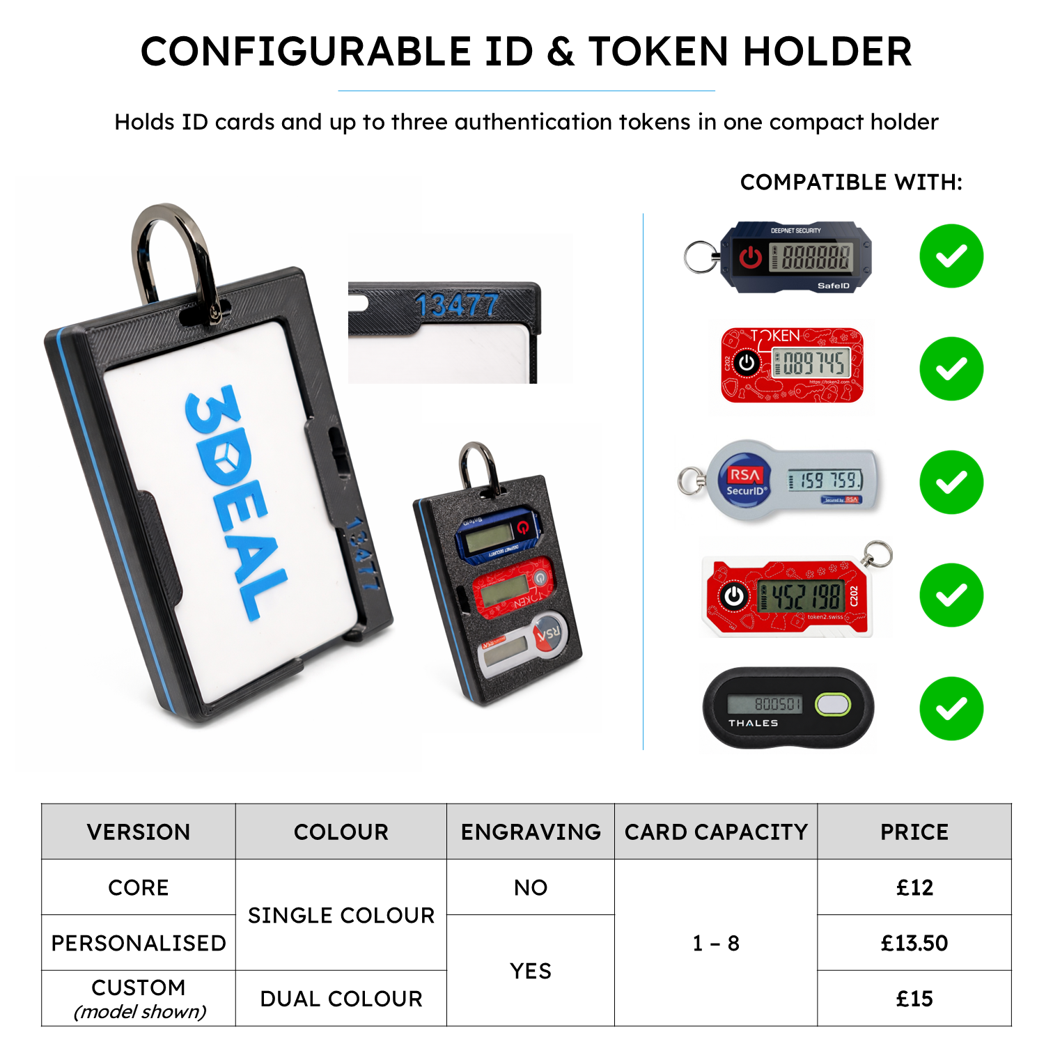 Configurable 3D printed ID and token holder by 3DEAL, holds 1–9 cards and up to three authentication tokens (RSA SecurID, OATH, SafeID), with custom engraving and colour options.