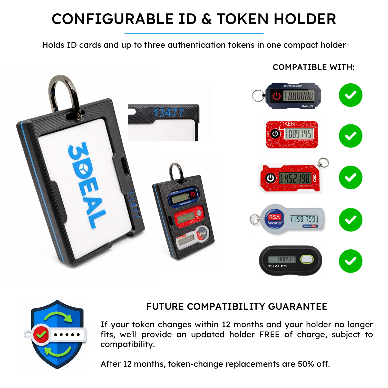 Configurable 3D printed ID and token holder by 3DEAL, holds 1–9 cards and up to three authentication tokens (RSA SecurID, OATH, SafeID), with custom engraving and colour options.