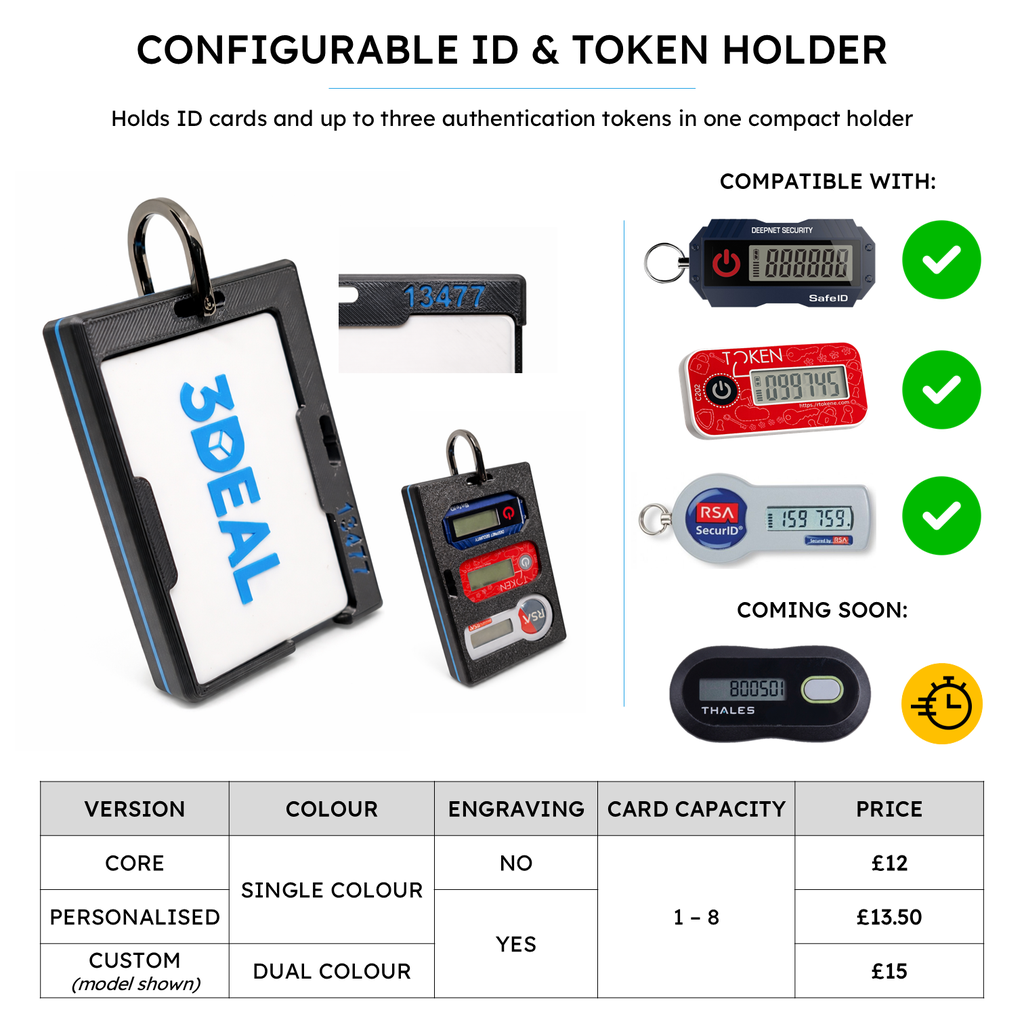 Configurable 3D printed ID and token holder by 3DEAL, holds 1–9 cards and up to three authentication tokens (RSA SecurID, OATH, SafeID), with custom engraving and colour options.