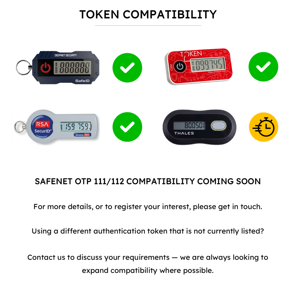 Token compatibility graphic showing 3DEAL ID card and token holder support for SafeID, Token2 and RSA SecurID tokens, with SafeNet OTP 111/112 compatibility coming soon and contact details for further enquiries.