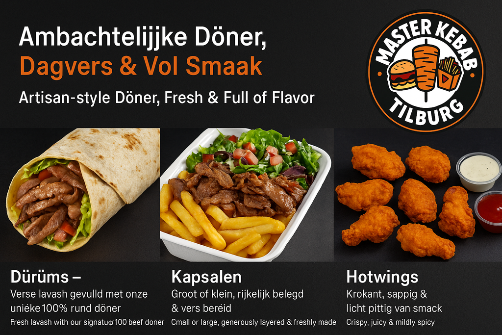 |Dürüms – Verse lavash gevuld met onze unieke 100% rund döner
Kapsalon – Groot of klein, rijkelijk belegd & vers bereid
Hotwings – Krokant, sappig & licht pittig van smaak

Dürüm – Fresh lavash with our signature 100% beef döner  
Kapsalon – Small or large, generously layered & freshly made  
Hotwings – Crispy, juicy & mildly spicy