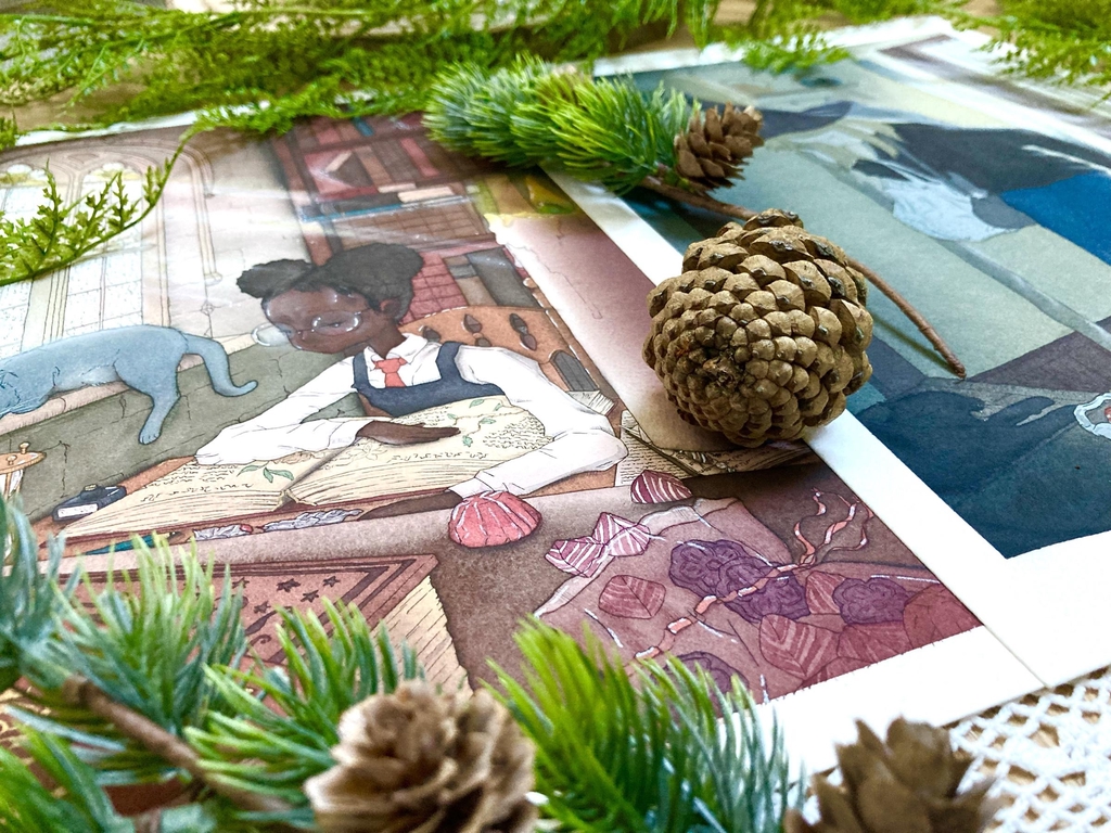 Une sorcière dans une bibliothèque lit un grimoire sur les plantes magiques. Il s'agit d'une aquarelle, avec d'autres éléments de décor witchy !