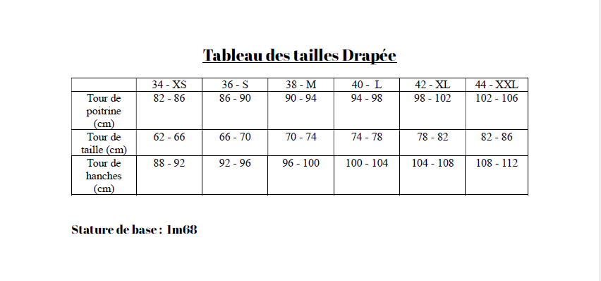 Tableau des tailles Drapée