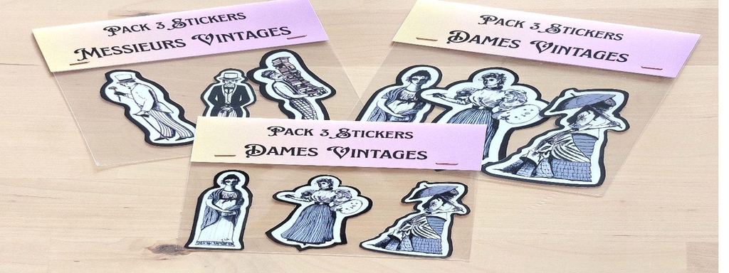 Packs de 3 Stickers vintages différents nommés "Pack Messieurs Vintages" et "Pack Dames vintages".