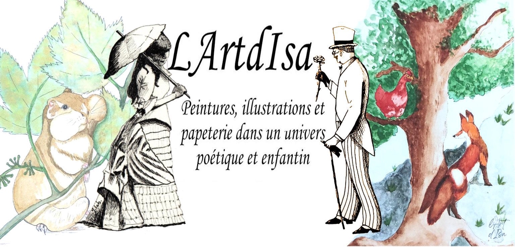 Bannière tout en fleurs roses de la marque L'Art d'Isa avec la photo de l'artiste Isabelle LABONNE qui décrit le contenu du site: peintures, illustrations, cartes, marque-pages et stickers