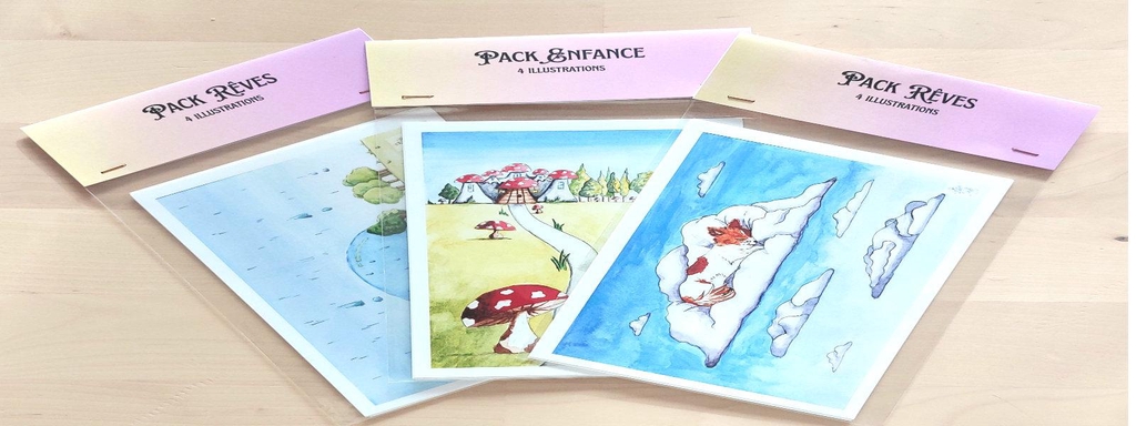 Packs de 4 illustrations différentes nommés "Pack Rêves" et "Pack Enfance".