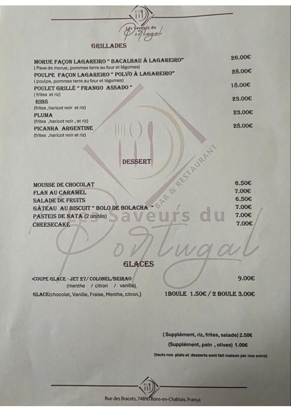 Menu Les saveurs du Portugal