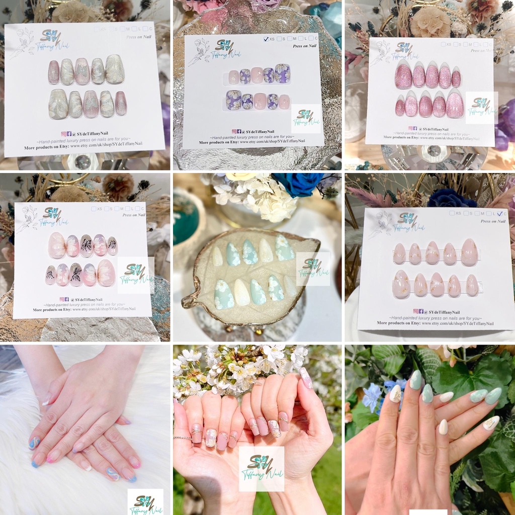 Hand-painted Cat Eye Effect / Floral Press on Nails 💅🏻 Easy to put on 🥰This gorgeous Flower & Butterfly Mix nails will get you all the compliments this spring summer season!