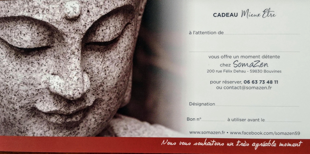 Offrez du temps chez Somazen...
Carte cadeau valide 6 mois à compter de la date d'achat.