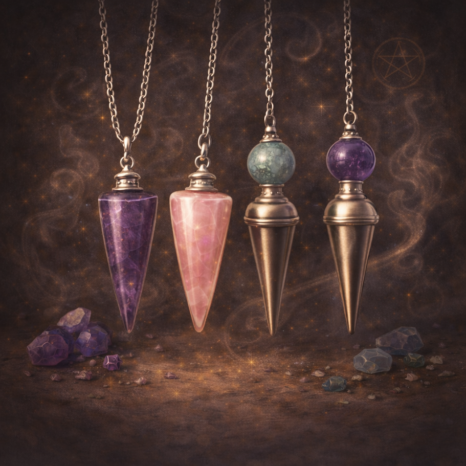 Pendules divinatoires en pierres naturelles pour radiesthésie, divination et pratiques ésotériques.