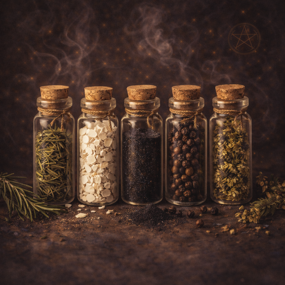 Ingrédients ésotériques et plantes séchées pour rituels, pochons et créations spirituelles.