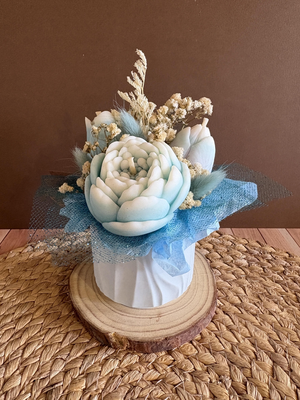 Bouquet de fleur en cire, fleurs séchées, idéal cadeau. Pots faits maison, couleurs et senteurs au choix.