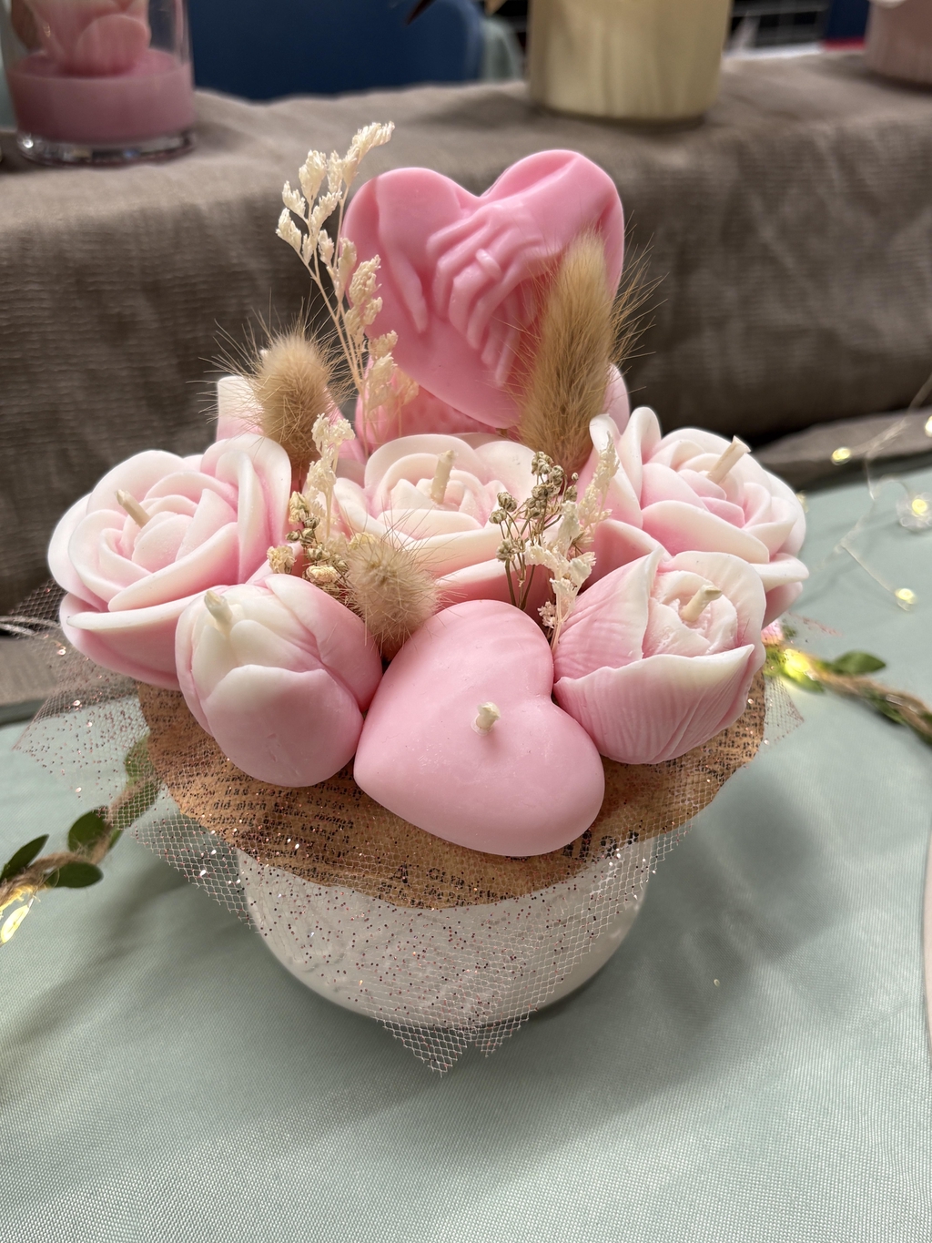 Bouquet de fleur en cire, fleurs séchées, idéal cadeau. Pots faits maison, couleurs et senteurs au choix.