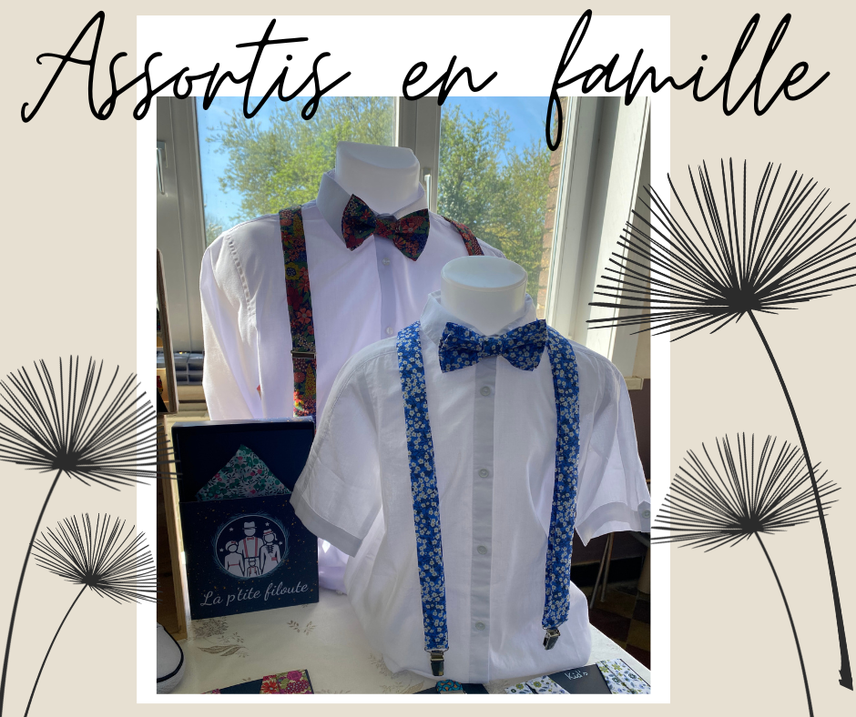 Accessoires personnalisés en tissus, noeuds papillons, bretelles, lacets assortis. 