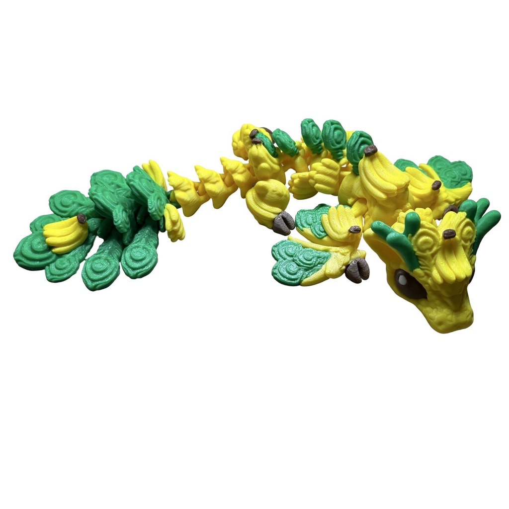 Articulated Banana Dragon with peacock-inspired tail, 3D printed in the UK