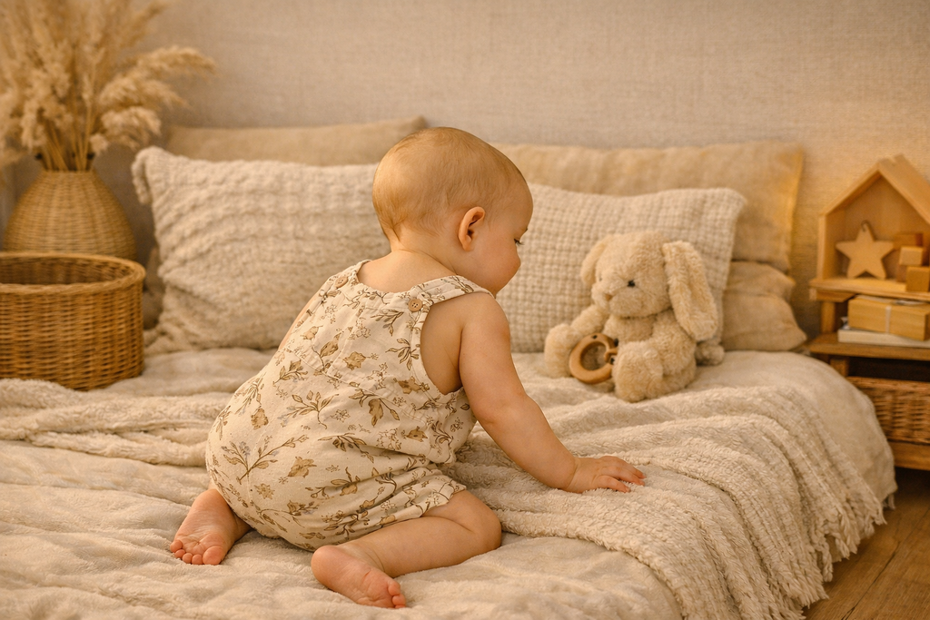 Vue d’ensemble de la boutique Evomelys avec portant en bois, vêtements pour bébé déclinés en crème, rose, beige, vert sauge et terre cuite, lumière chaude et ambiance naturelle