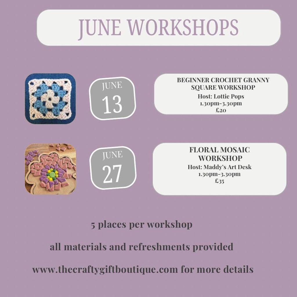 June Workshops
If you’d like to book one of our workshops please pop us a message or email:
thecraftygiftboutiqueshop@gmail.com
