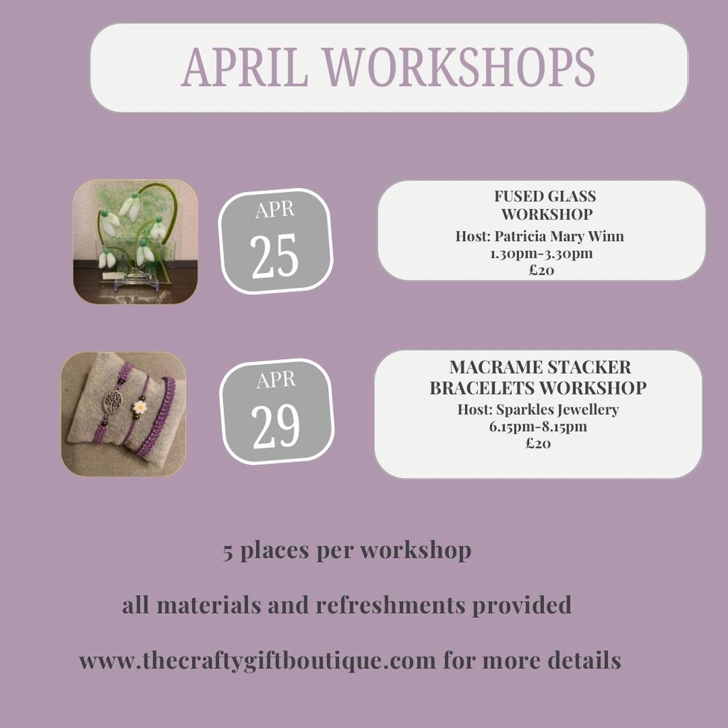 April Workshops
If you’d like to book one of our workshops please pop us a message or email:
thecraftygiftboutiqueshop@gmail.com
