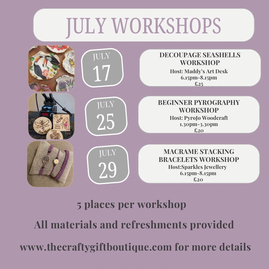July Workshops
(Our June workshops are now full)
If you’d like to book one of our workshops please pop us a message or email:
thecraftygiftboutiqueshop@gmail.com

