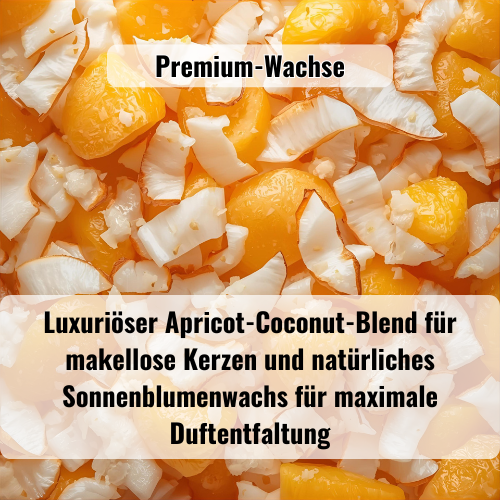 Ich verwende sorgfältig ausgewählte pflanzliche Wachse: einen luxuriösen Apricot-Coconut-Blend für meine Kerzen im Glas, der für eine makellos glatte Oberfläche und ein intensives Dufterlebnis sorgt, sowie natürliches Sonnenblumenwachs, das das Aroma meiner Duftwachse für Duftlampen perfekt zur Geltung bringt.