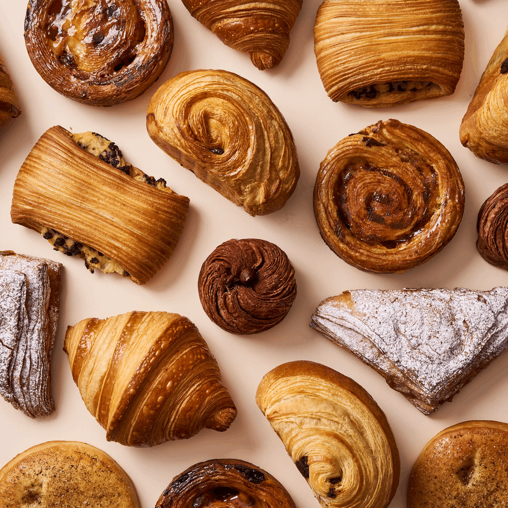 Un camaieux de viennoiseries allant du pain suisse (ou drop) au croissant en passant par le roulé a la canelle et le pain au chocolat