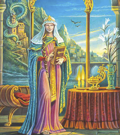 Première de couverture du livre Sur les traces d’Énimie. Illustration de type médiéval-fantastique : Sainte-Enimie est en costume médiéval sur une terrasse au bord de la rivière du Tarn, elle tient un manuscrit. À l’arrière plan, on voit des paysages des Gorges du Tarn : le pont du village de Sainte-Enimie et des maisons. Un dragon entoure un château situé au bord de la rivière.