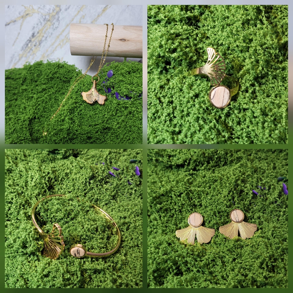 Parure Feuille de Ginkgo, en hêtre échauffé