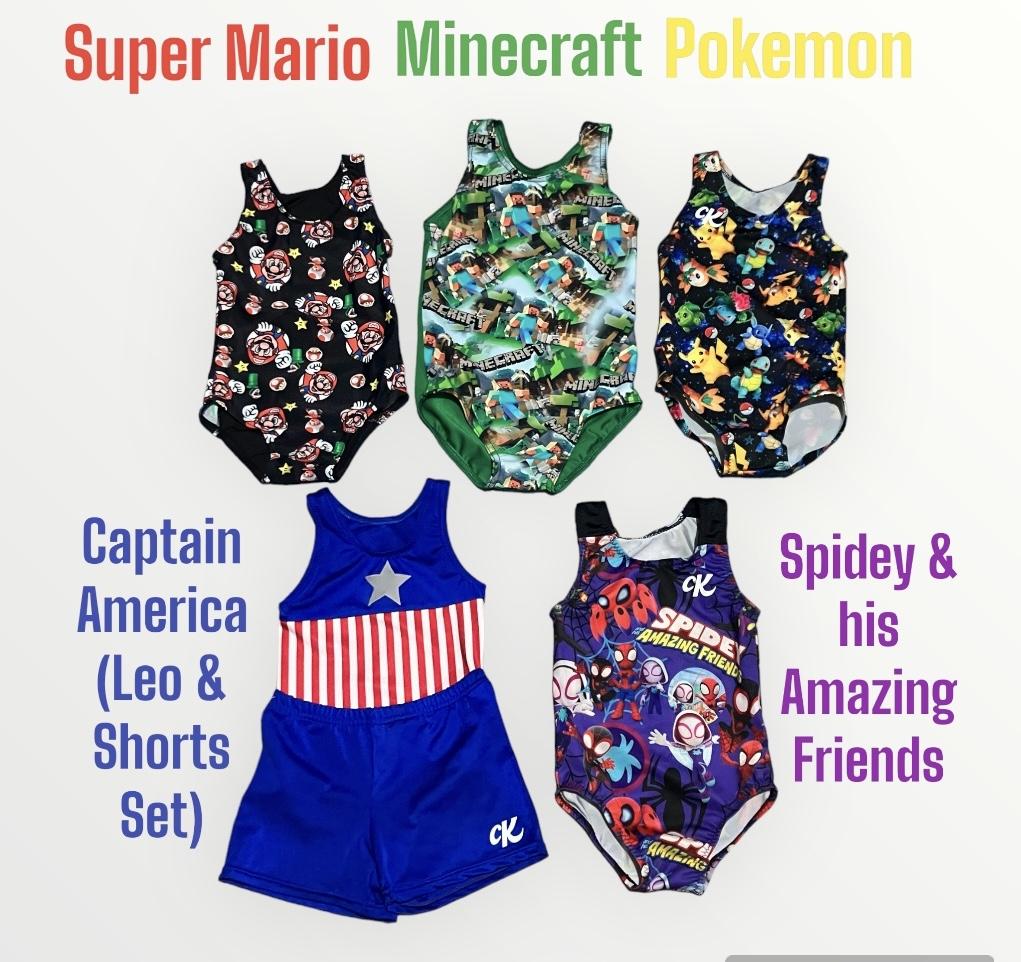 Special Leotards made from either licenced printed fabric or in the style of popular culture characters or gaming icons such as Mario, Minecraft, Pokémon, Captain America, Spider-Man, Harry Potter, Wonder Woman etc