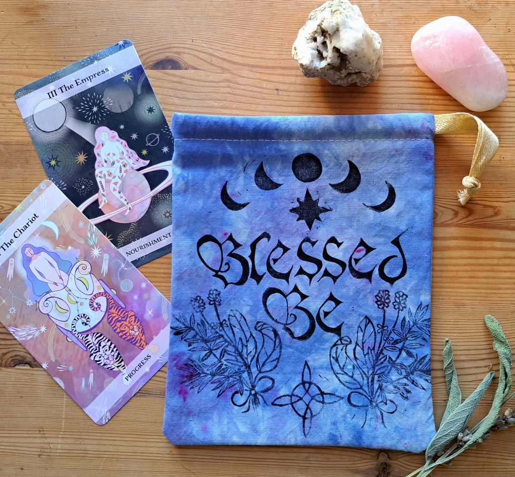 Hand-dyed, hand-printed tarot bags inspired by forest magic and everyday ritual. Perfect for tarot decks, oracle decks, runes, and sacred tools.