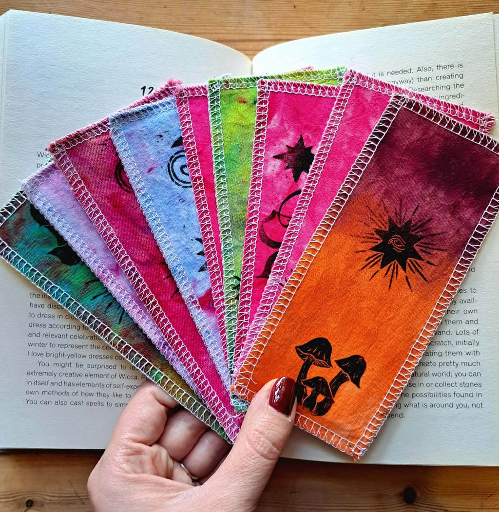 Hand-dyed and lino-printed cotton bookmarks, all slow-made and one-of-a-kind. Tiny pieces of textile magic for readers, writers, dreamers, and journal-keepers.