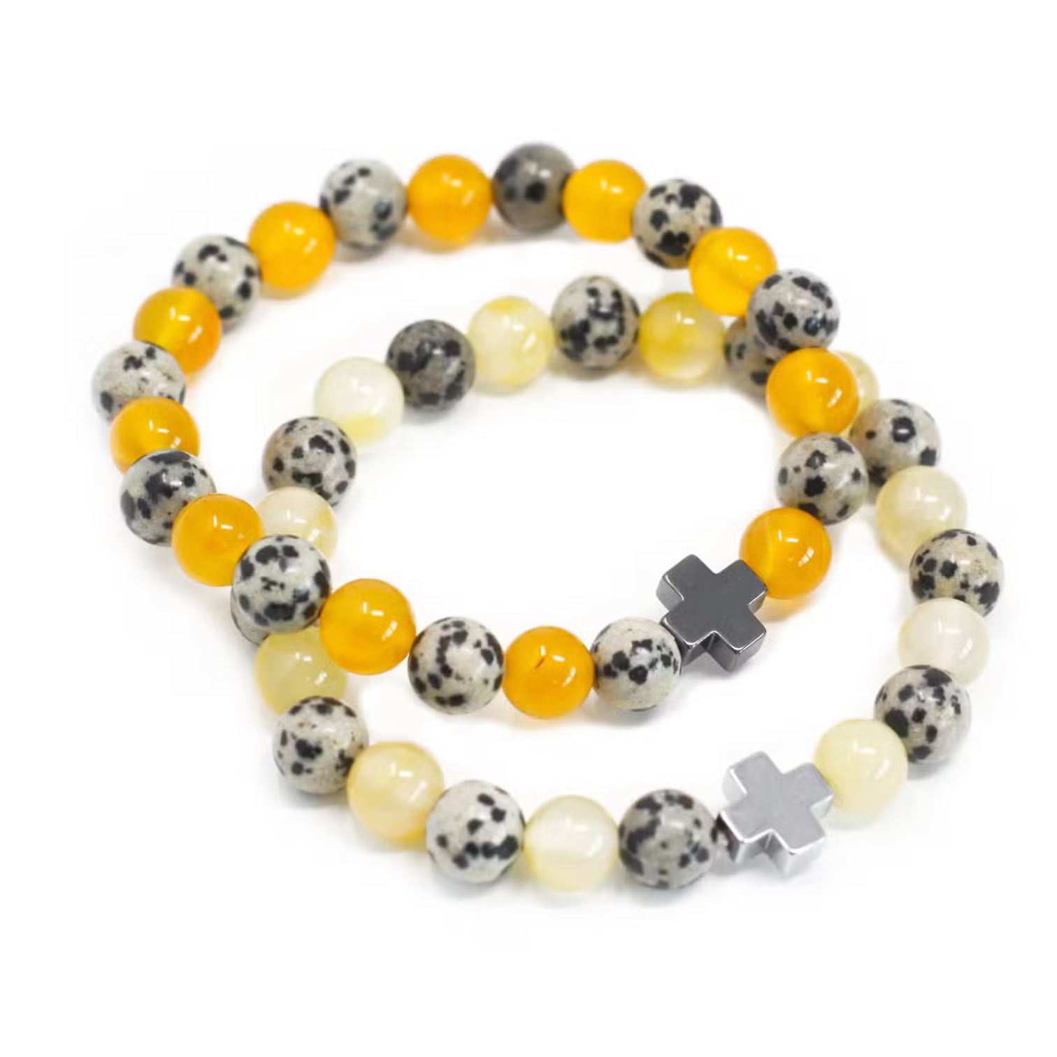 Set of two matching gemstone friendship bracelets on display