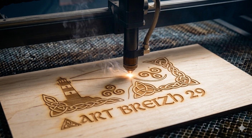 Gravure laser artisanale sur bois d'un phare et de motifs bretons par Art Breizh 29.
