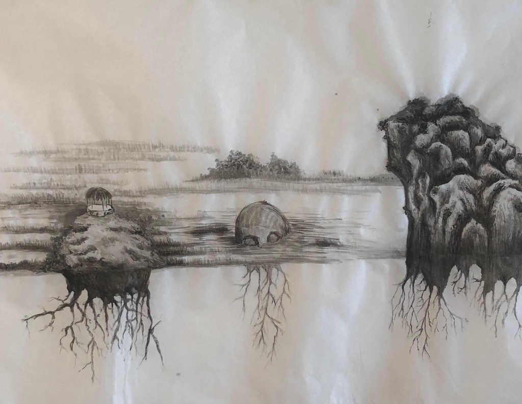 Peinture à l'encre de chine représentant un paysage fantastique