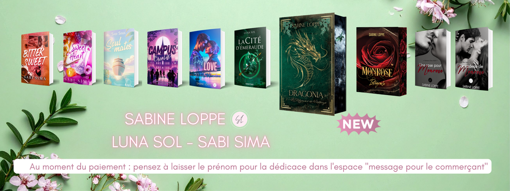 Galerie comprenant les romances de Sabine Loppe, Luna Sol et Sabi Sima. New romance, dystopie et romantasy.