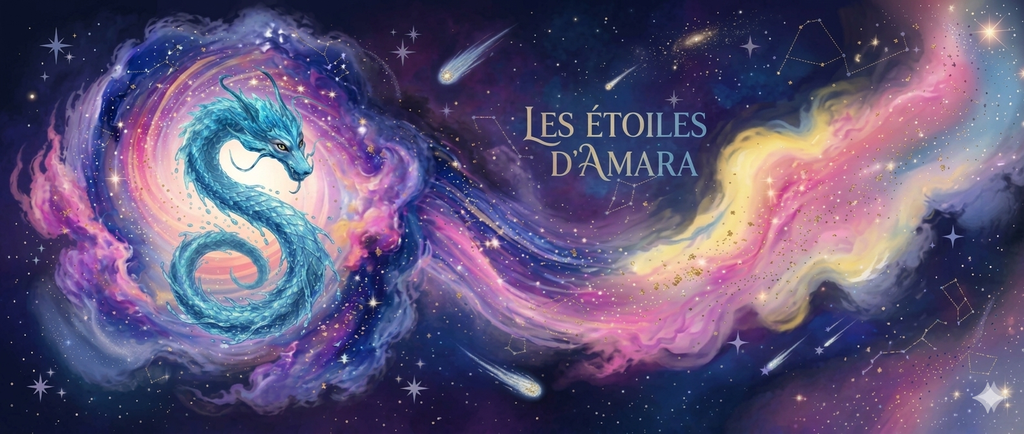 Bannière illustrée des Étoiles d'Amara montrant un dragon d'eau bleu mystique au cœur d'une galaxie nébuleuse colorée, avec le sous-titre : Un voyage intérieur vers la lumière.