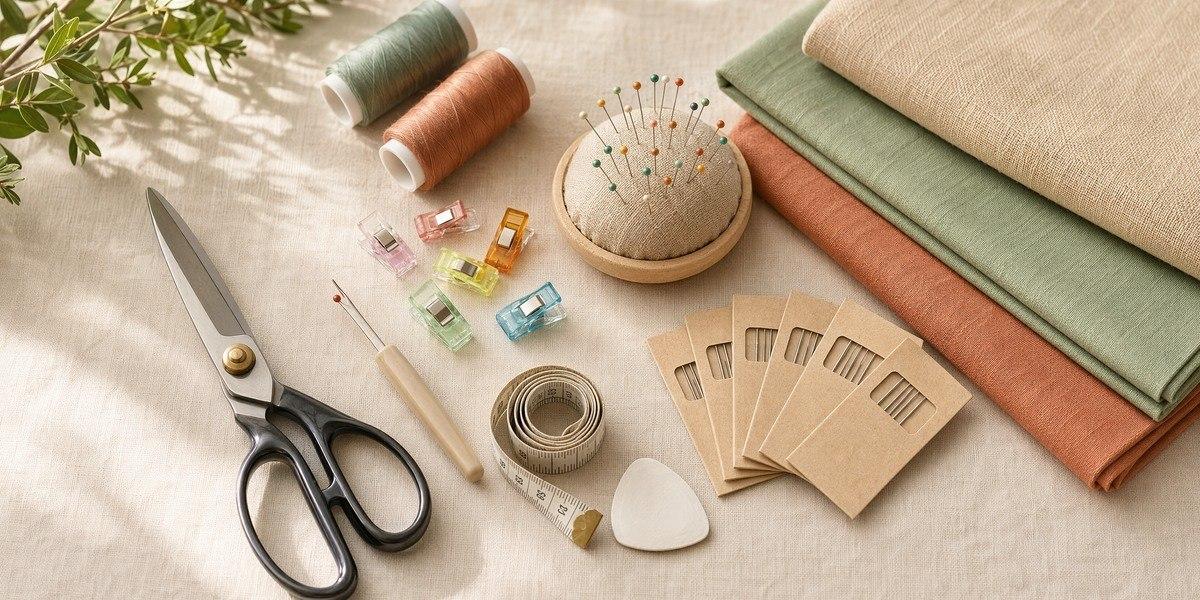 Nähzubehör für Anfänger mit Stoffschere, Maßband, Garn, Stoffklammern, Nadeln und Baumwollstoffen
