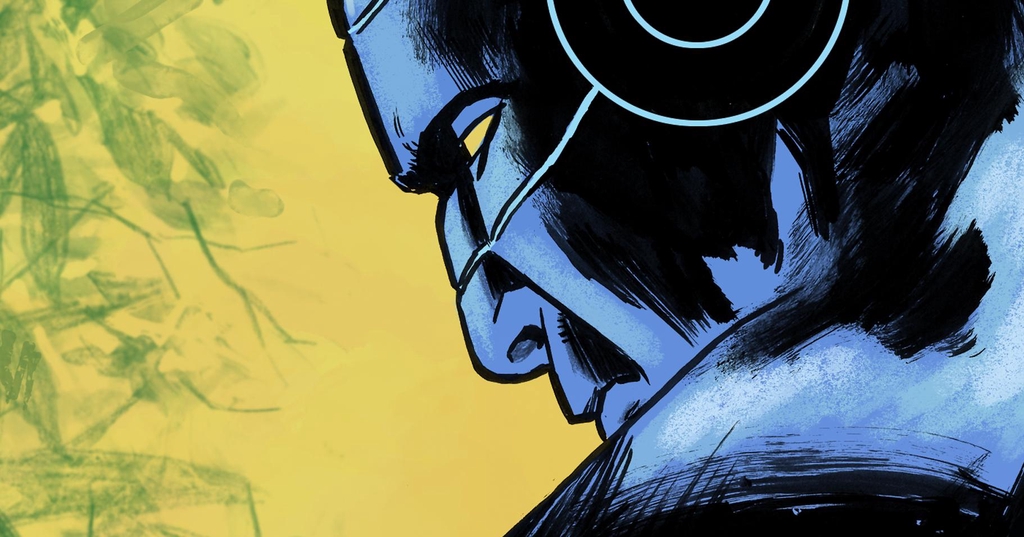 a blue, brooding figure, scowls on a leafy yellow background.