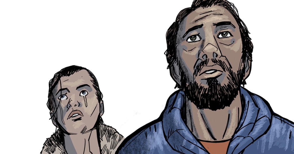 Two tearful figures, a man on the right, and a woman on the left, stare up and above the viewer, on a white background.