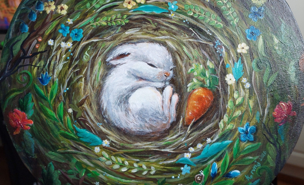 Sleeping bunny in a fairy nest acrylic painting by Karen Rivinoja.