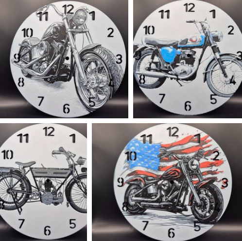 3d printed clocks featuring images of motorbikes