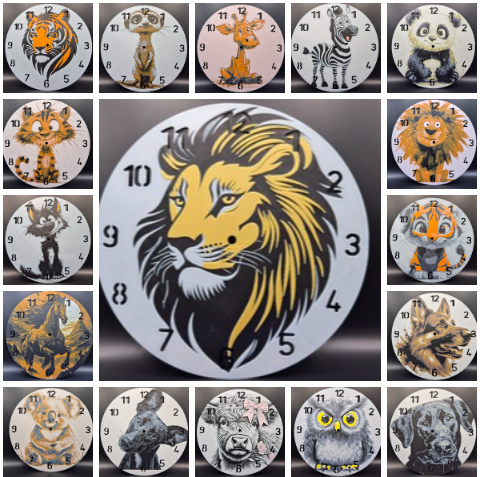 3d printed clocks featuring images of animals