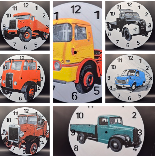 3d printed clocks featuring images of commercial vehicles