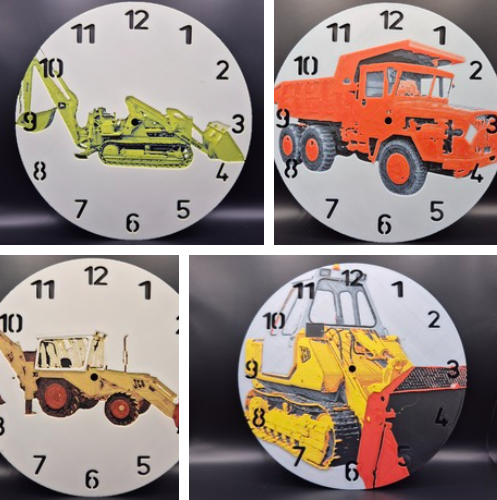 3d printed clocks featuring images of plant machinery