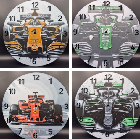 3d printed clocks featuring motorsport images