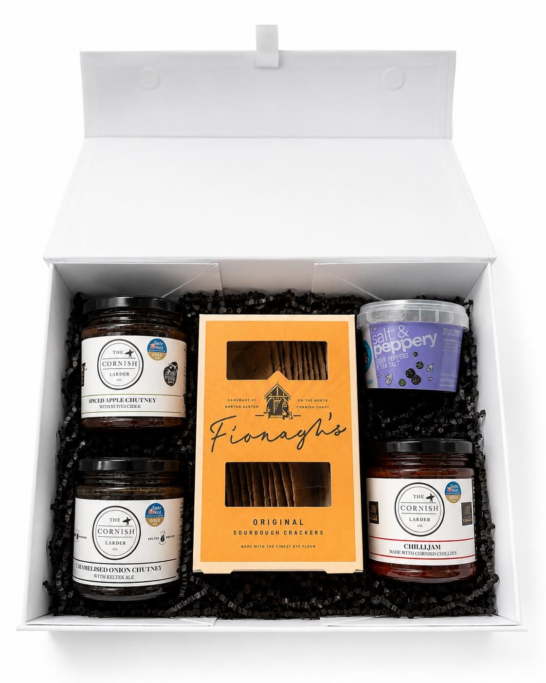 Cornish Grazing Collection gift box featuring The Cornish Larder chutneys, Fionagh’s Original Sourdough Crackers and Cornish Sea Salt Salt & Peppery Seasoning in a white presentation box