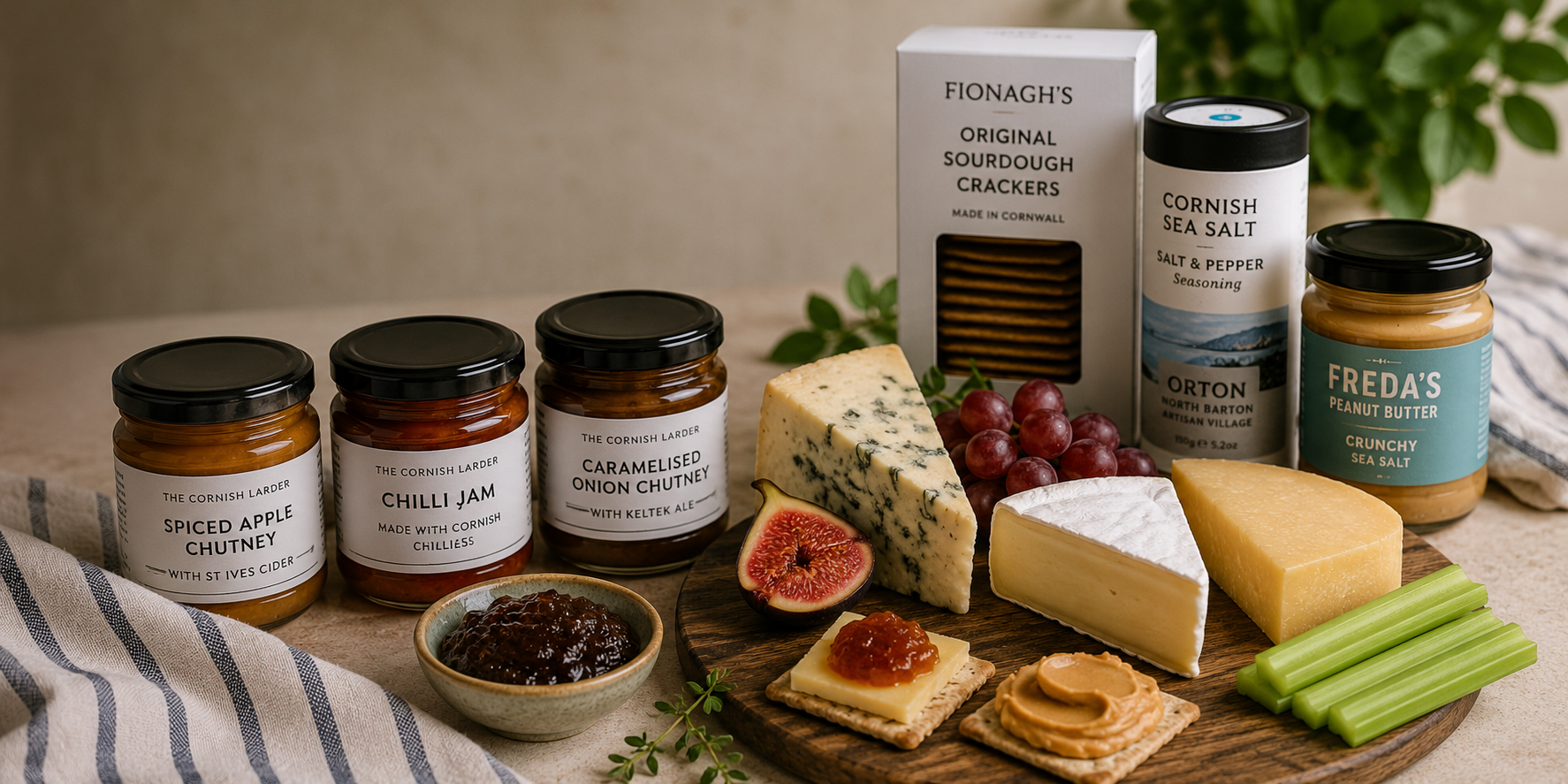 Artisan Cornish cheeseboard with local chutneys, sourdough crackers, Cornish sea salt, peanut butter and artisan cheeses