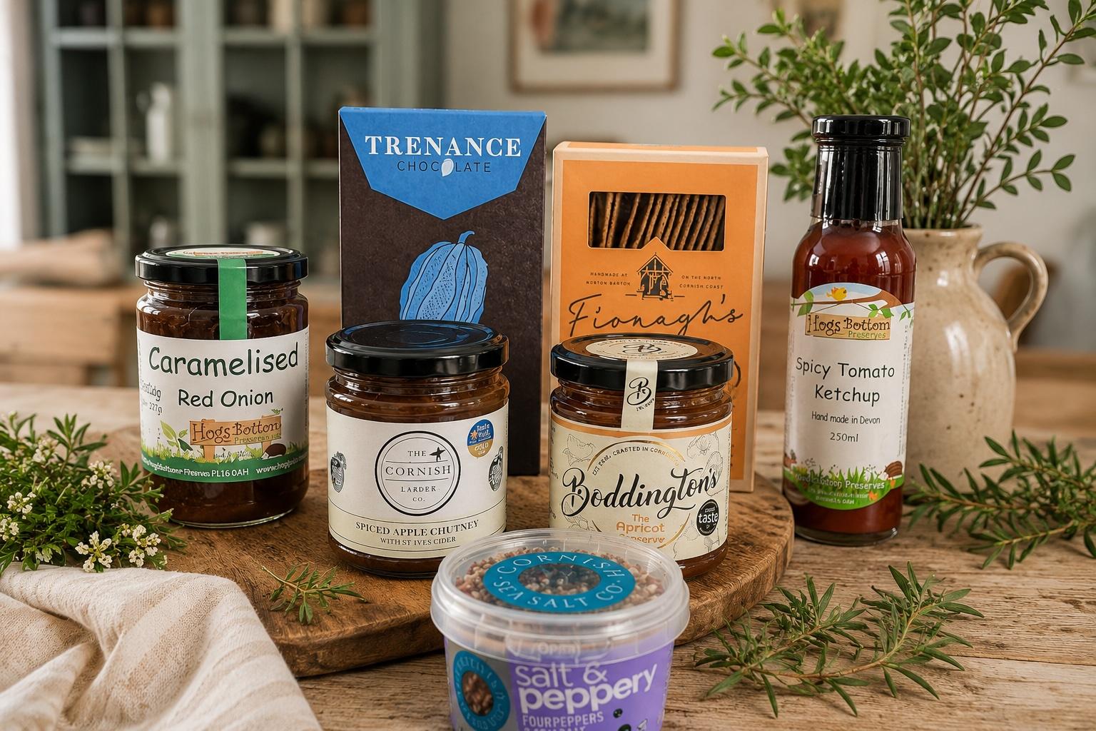 Artisan Cornish food products from independent producers including The Cornish Larder, Freda's Peanut Butter, Boddington’s Preserves, Hogs Bottom, Trenance Chocolate, Fionagh’s Crackers and Cornish Sea Salt