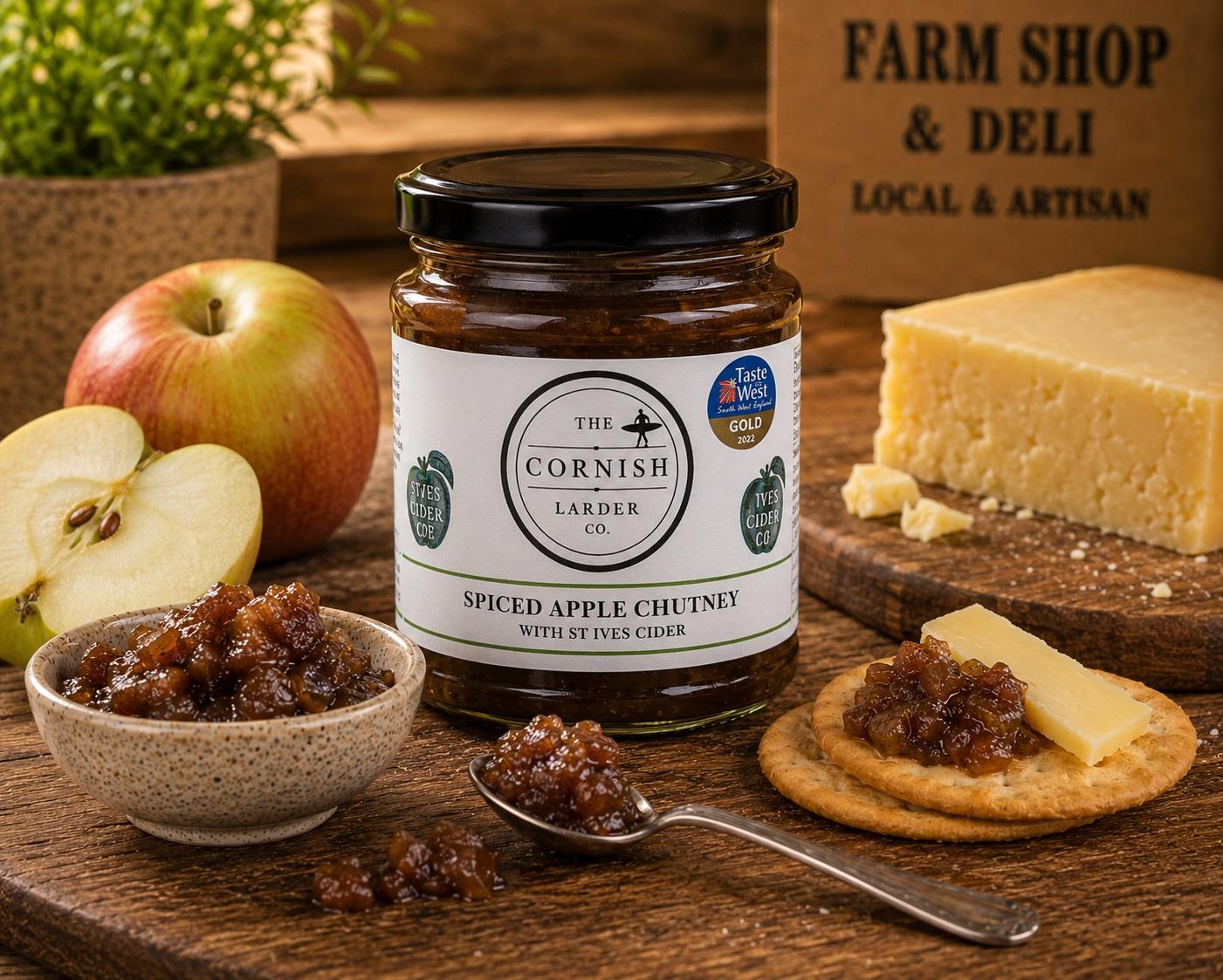 Artisan Cornish chutneys and relishes including chilli jam, caramelised onion chutney and cheeseboard accompaniments from Cornwall